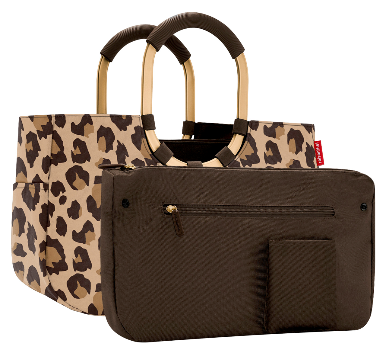 Leopardenmuster-Tasche mit braunem Einsatz und goldenen Griffen, Vorderansicht