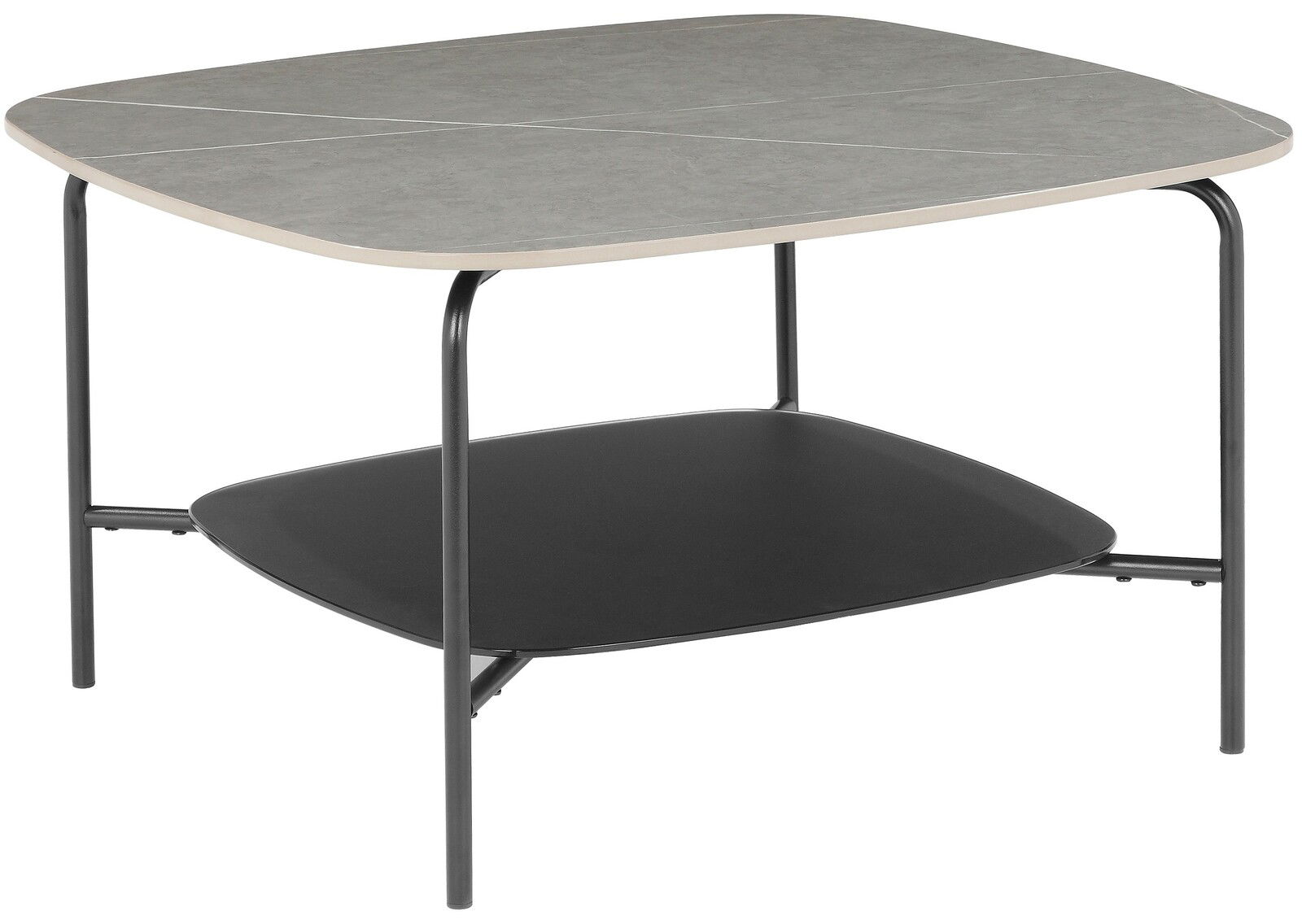 Moderner Beistelltisch mit grauer Tischplatte und schwarzem Regalboden, seitliche Perspektive