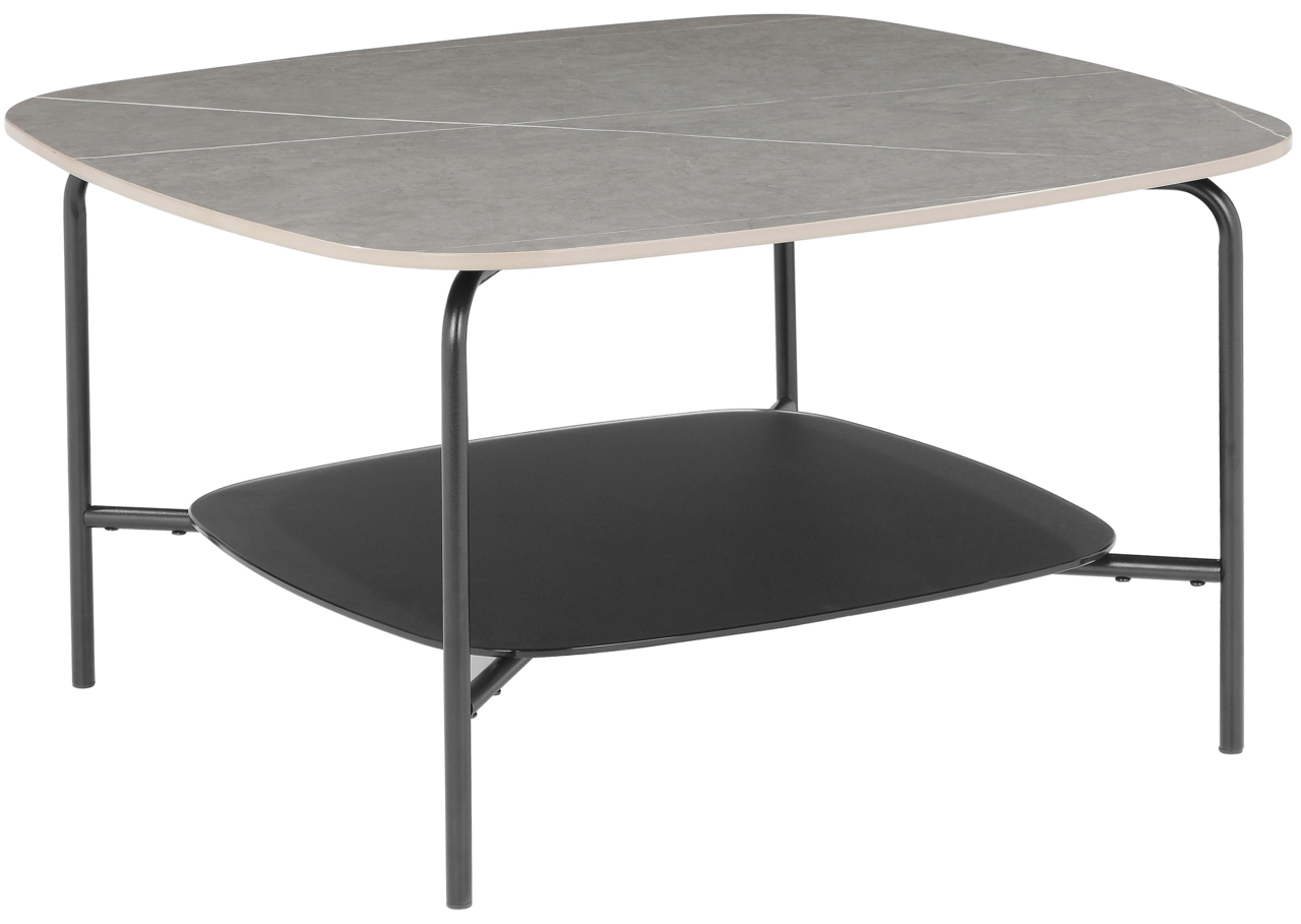 Z2 Beistelltisch FRANCA Moderner Beistelltisch mit grauer Tischplatte und schwarzem Regalboden, seitliche Perspektive