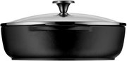 Schwarze Bauernpfanne mit Glasdeckel, seitliche Perspektive