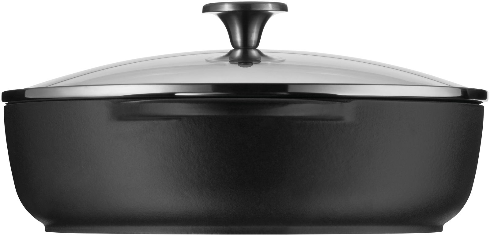 Schwarze Bauernpfanne mit Glasdeckel, seitliche Perspektive