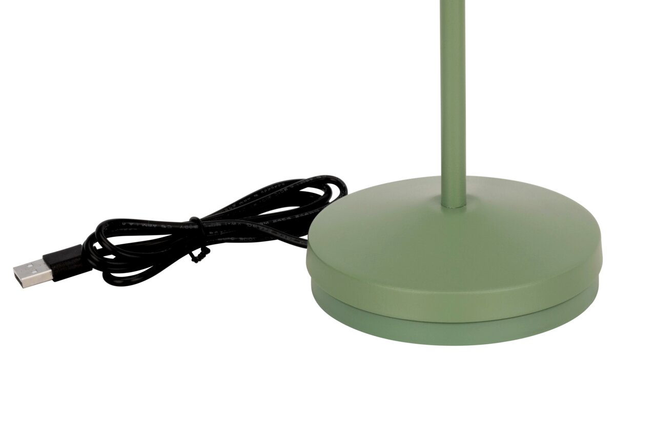 Grüne Akku-Tischleuchte mit USB-Kabel, seitliche Perspektive auf den Lampenfuß