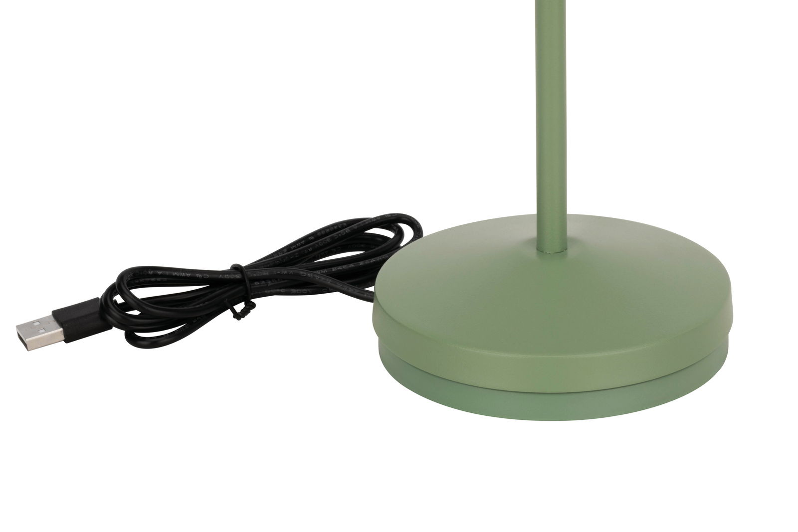 Grüne Akku-Tischleuchte mit USB-Kabel, seitliche Perspektive auf den Lampenfuß