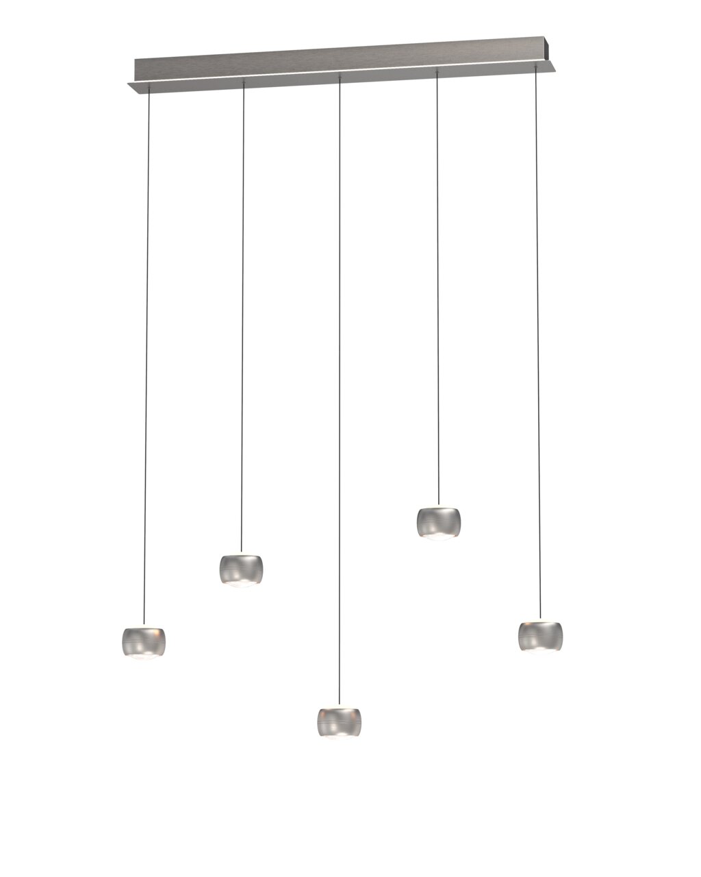 Moderne LED-Pendelleuchte mit fünf zylinderförmigen Leuchten, aufgehängt an dünnen Kabeln von einer rechteckigen Deckenhalterung. Seitenansicht.
