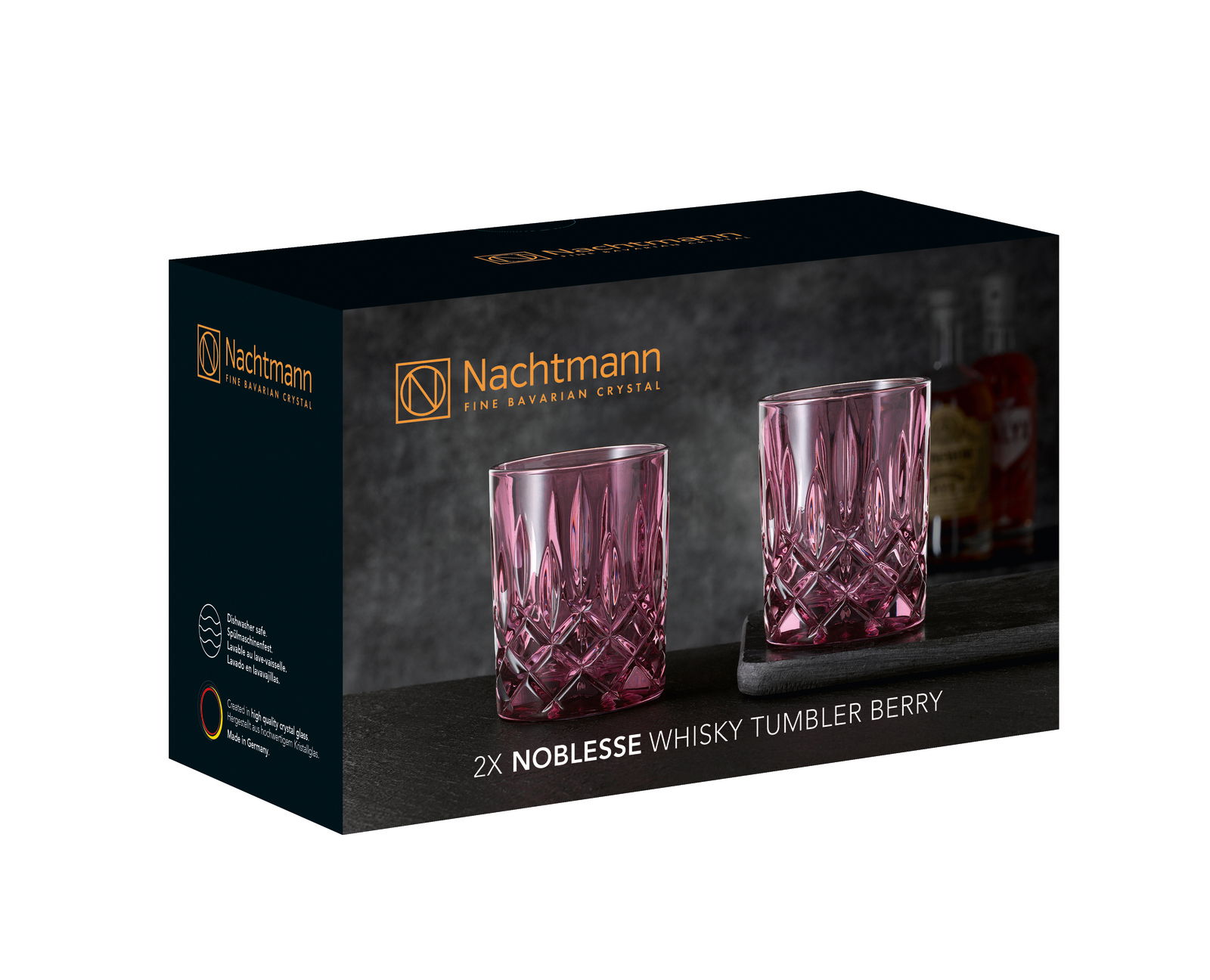 Nachtmann Whiskybecher 2er-Set NOBLESSE Verpackung des 2er-Sets Whiskybecher Berry von Nachtmann, schräg von vorne fotografiert, zeigt zwei lilafarbene Kristallgläser.