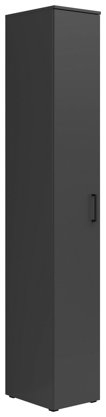 Schwarzer Mehrzweckschrank mit einer Tür, seitliche Perspektive