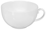 Weiße Milchkaffeetasse mit Henkel, seitliche Perspektive