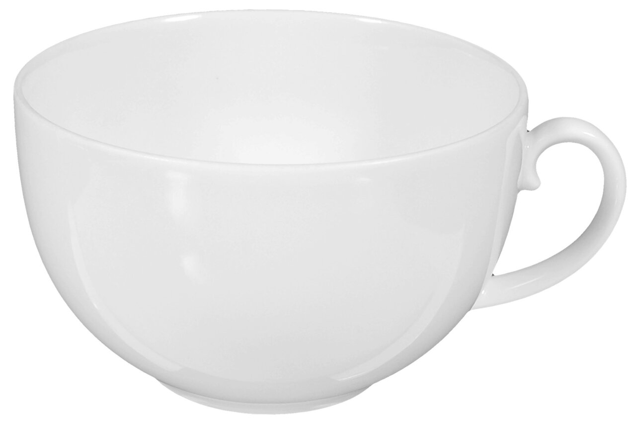 Weiße Milchkaffeetasse mit Henkel, seitliche Perspektive