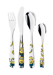Kinderbesteck-Set mit Minions-Motiven und Bananen, bestehend aus Gabel, Messer, großem und kleinem Löffel, frontal abgebildet.
