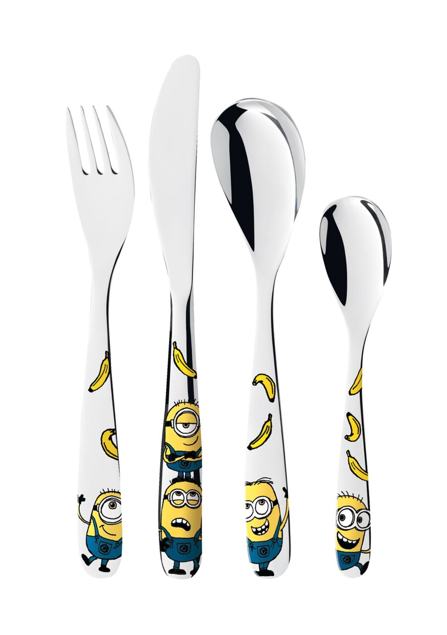 WMF Kinderbesteck-Set 4-tlg. Minions Kinderbesteck-Set mit Minions-Motiven und Bananen, bestehend aus Gabel, Messer, großem und kleinem Löffel, frontal abgebildet.