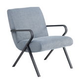 Moderner blauer Sessel mit Metallgestell, seitliche Perspektive
