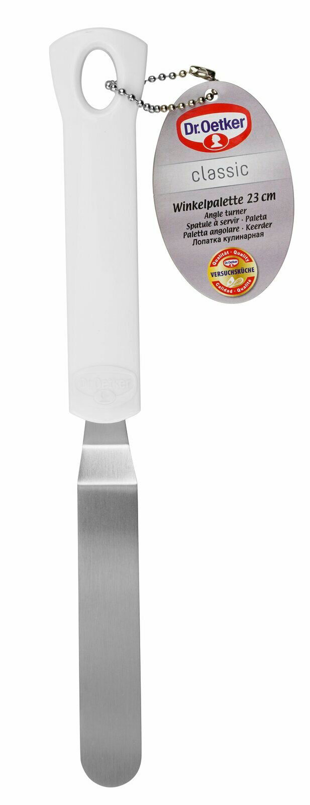 Winkelpalette 23 cm Classic von Dr. Oetker, Vorderansicht mit weißem Griff und Edelstahlklinge