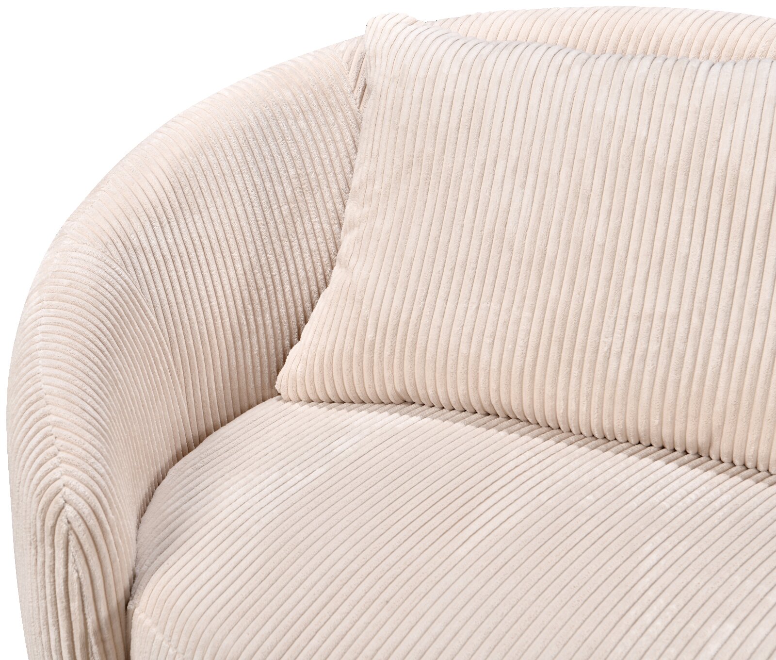 Close-up van een beige, geribbelde bank met kussens, gezien vanaf de zijkant