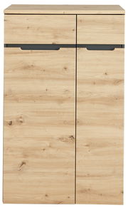 Moderner, niedriger Aktenschrank aus hellem Holz mit zwei Türen, Frontalansicht