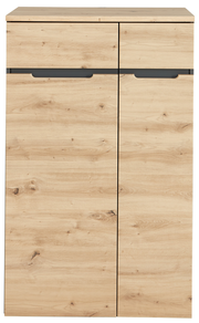 Moderner, niedriger Aktenschrank aus hellem Holz mit zwei Türen, Frontalansicht