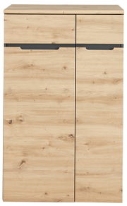 Moderner, niedriger Aktenschrank aus hellem Holz mit zwei Türen, Frontalansicht