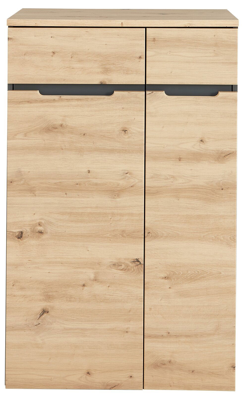 Moderner, niedriger Aktenschrank aus hellem Holz mit zwei Türen, Frontalansicht