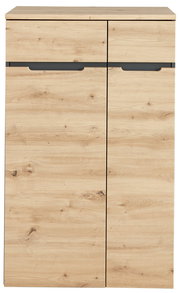 Moderner, niedriger Aktenschrank aus hellem Holz mit zwei Türen, Frontalansicht