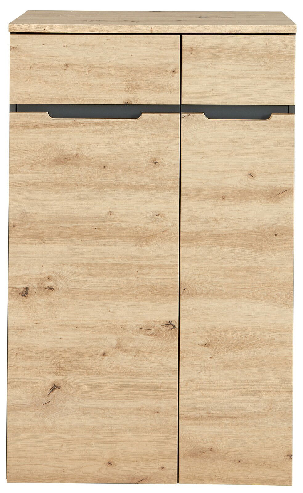 Moderner, niedriger Aktenschrank aus hellem Holz mit zwei Türen, Frontalansicht