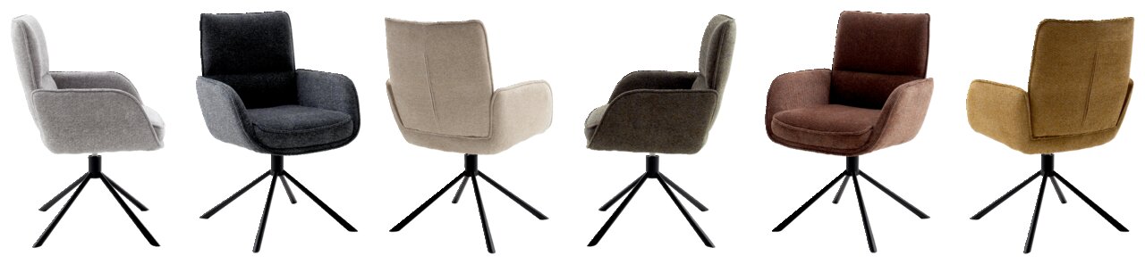 Sechs Armlehnstühle in verschiedenen Farben, von der Seite und von hinten gezeigt, mit schwarzem Metallgestell.