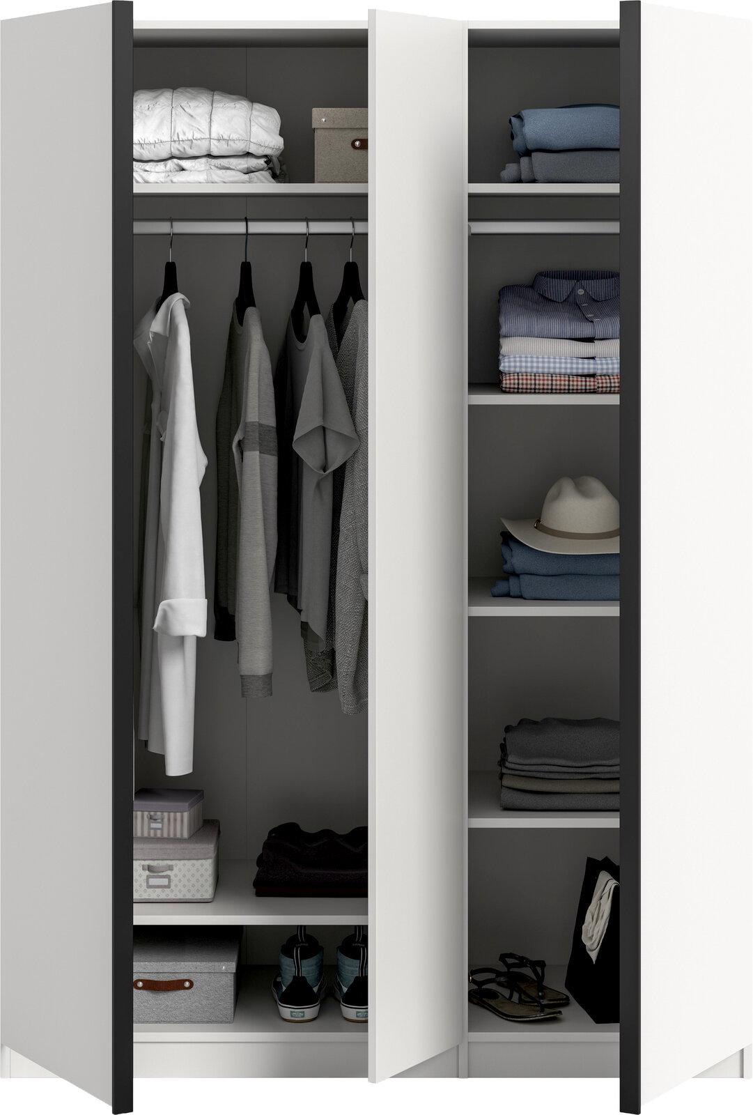 Offener Kleiderschrank in Weiß und Anthrazit mit Schiebetüren, links Kleiderstange mit aufgehängten Hemden und Jacken, rechts mehrere Regalböden mit gefalteter Kleidung, Hut und Accessoires, Frontansicht.