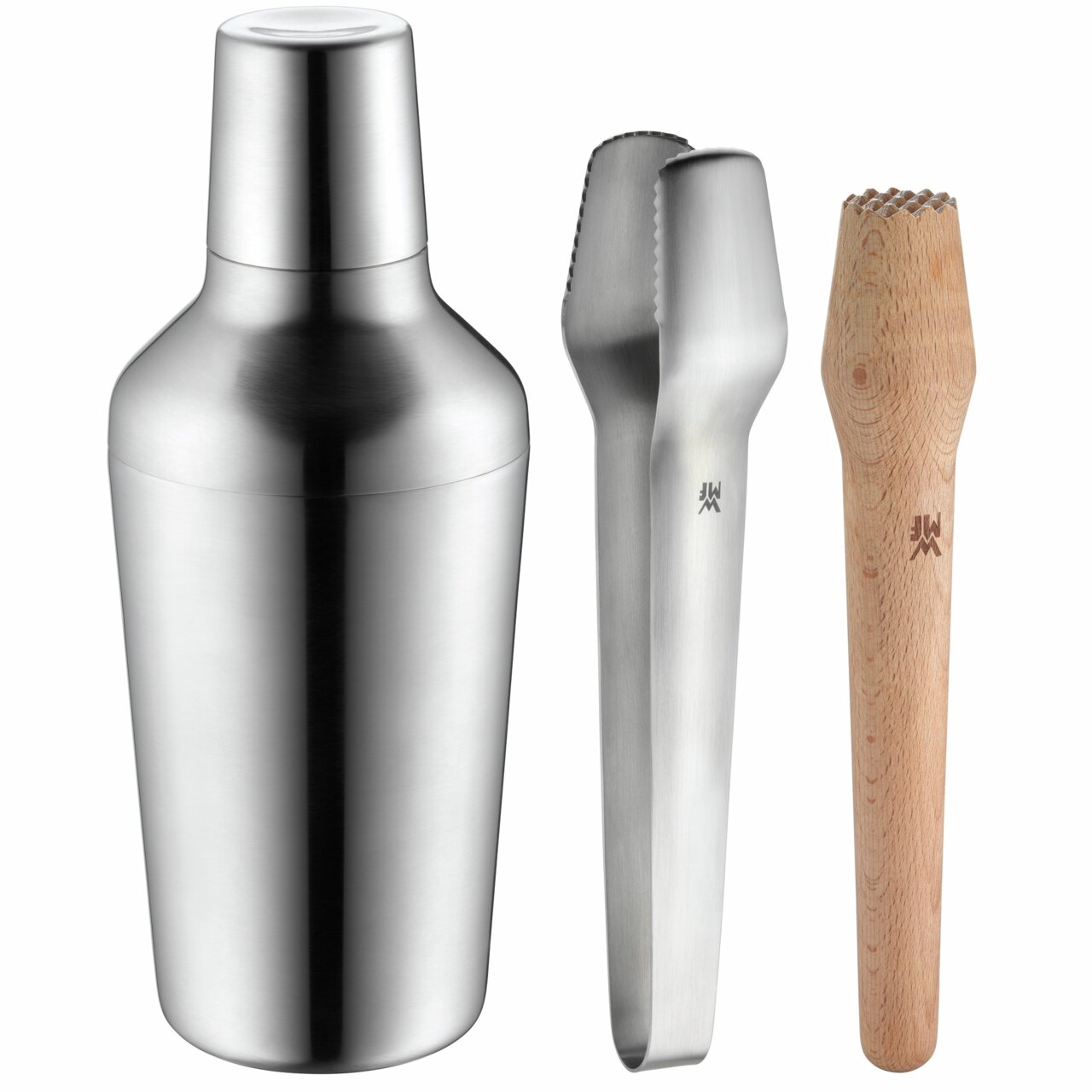 Barset bestehend aus einem Edelstahl-Shaker, einer Edelstahlzange und einem Holzstößel, frontal abgebildet.