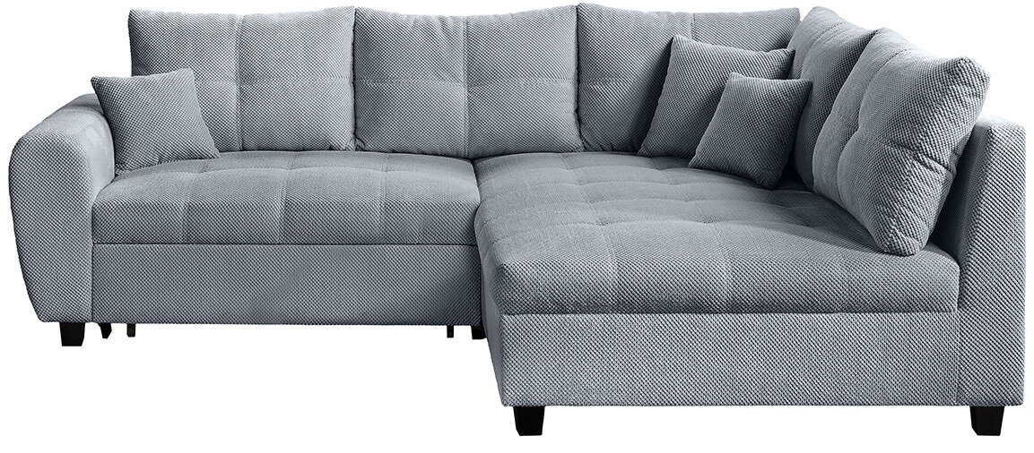 Graues Ecksofa mit weichem Stoffbezug, bestehend aus einer linken Armlehne und einer rechten Ottomane, frontal betrachtet.