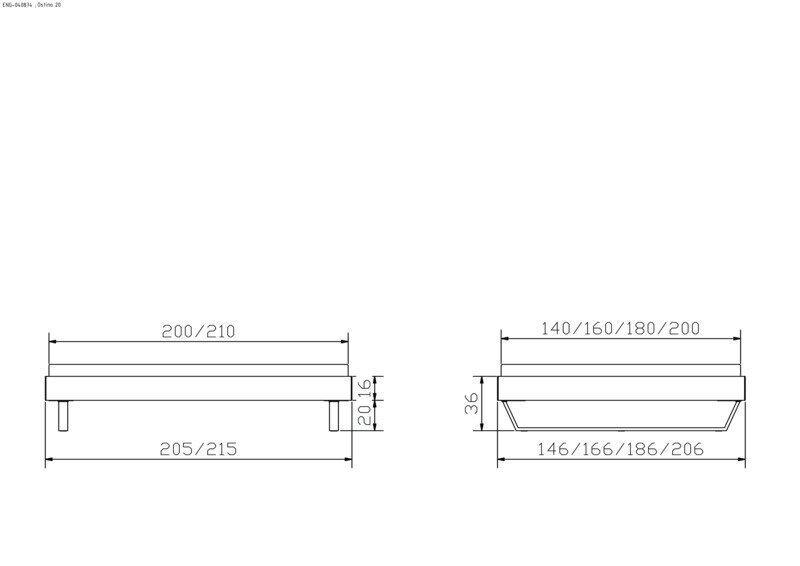 Technische maattekening van een rechthoekig meubelonderdeel/podium met poten, zijaanzicht en vooraanzicht met maatvermeldingen (o.a. 200/210, 205/215, 140/160/180/200, 146/166/186/206; hoogte ca. 36), perspectivisch weergegeven als orthogonaal 2D-aanzicht