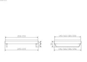 Technische maattekening van een rechthoekig meubelonderdeel/podium met poten, zijaanzicht en vooraanzicht met maatvermeldingen (o.a. 200/210, 205/215, 140/160/180/200, 146/166/186/206; hoogte ca. 36), perspectivisch weergegeven als orthogonaal 2D-aanzicht