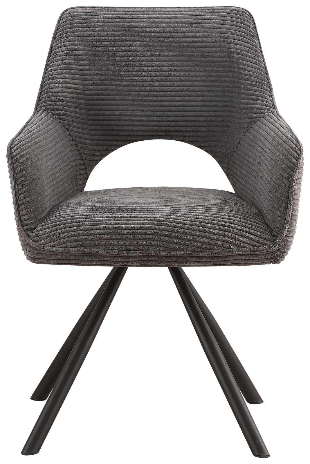 Grauer Armlehnstuhl mit modernem Design, aus der Vorderansicht fotografiert. Der Stuhl hat eine gepolsterte Sitzfläche und Rückenlehne mit Rillenstruktur sowie schwarze Metallbeine.