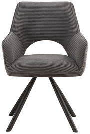 Grauer Armlehnstuhl mit modernem Design, aus der Vorderansicht fotografiert. Der Stuhl hat eine gepolsterte Sitzfläche und Rückenlehne mit Rillenstruktur sowie schwarze Metallbeine.