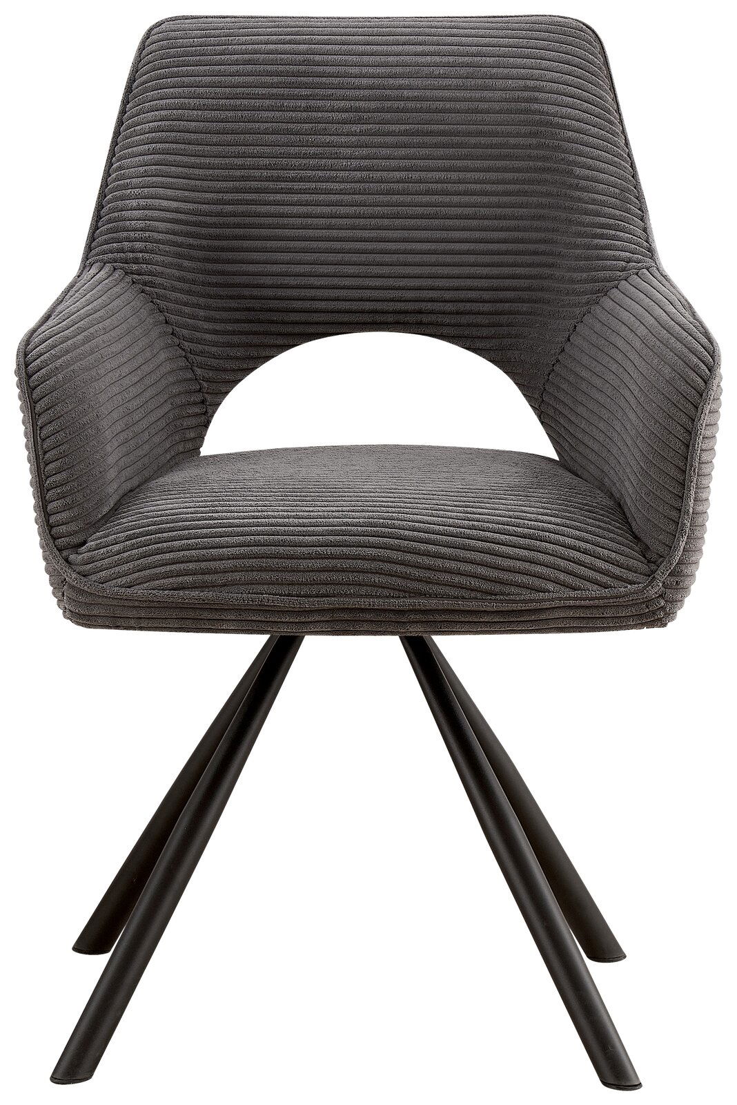 Grauer Armlehnstuhl mit modernem Design, aus der Vorderansicht fotografiert. Der Stuhl hat eine gepolsterte Sitzfläche und Rückenlehne mit Rillenstruktur sowie schwarze Metallbeine.