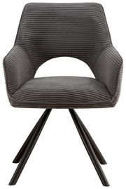 Grauer Armlehnstuhl mit modernem Design, aus der Vorderansicht fotografiert. Der Stuhl hat eine gepolsterte Sitzfläche und Rückenlehne mit Rillenstruktur sowie schwarze Metallbeine.