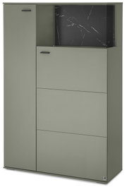 Modernes Schuhschrank-/Dielenmöbel in mattem Olivgrün mit schwarzen Griffen und schwarzer Marmoroptik-Blende oben, Frontansicht leicht seitlich von rechts.