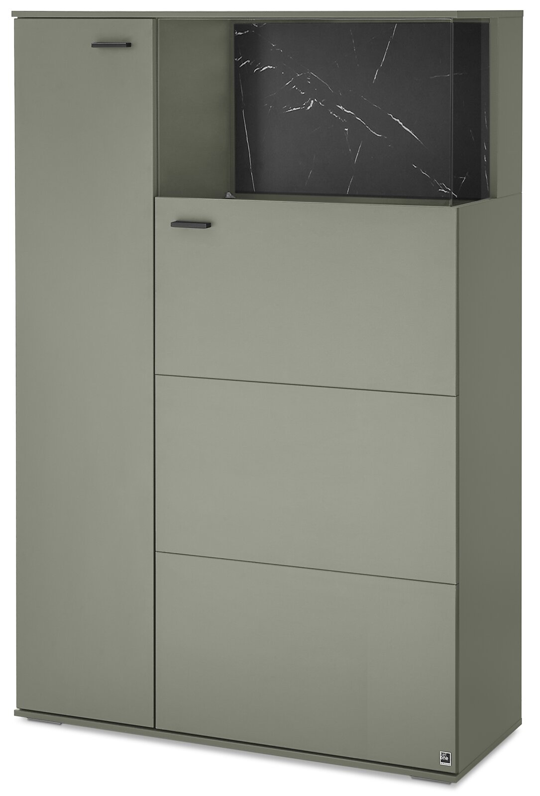 Modernes Schuhschrank-/Dielenmöbel in mattem Olivgrün mit schwarzen Griffen und schwarzer Marmoroptik-Blende oben, Frontansicht leicht seitlich von rechts.