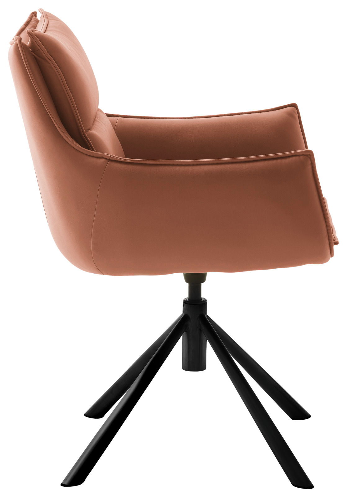 Moderner Sessel in Seitenansicht mit schwarzem Metallgestell und braunem Polster.