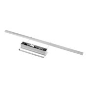 Zilverkleurige lineaire LED-hanglamp met een lang aluminium profiel en een open behuizing voor de driver, inclusief kabels, in een schuin bovenaanzicht op een witte achtergrond