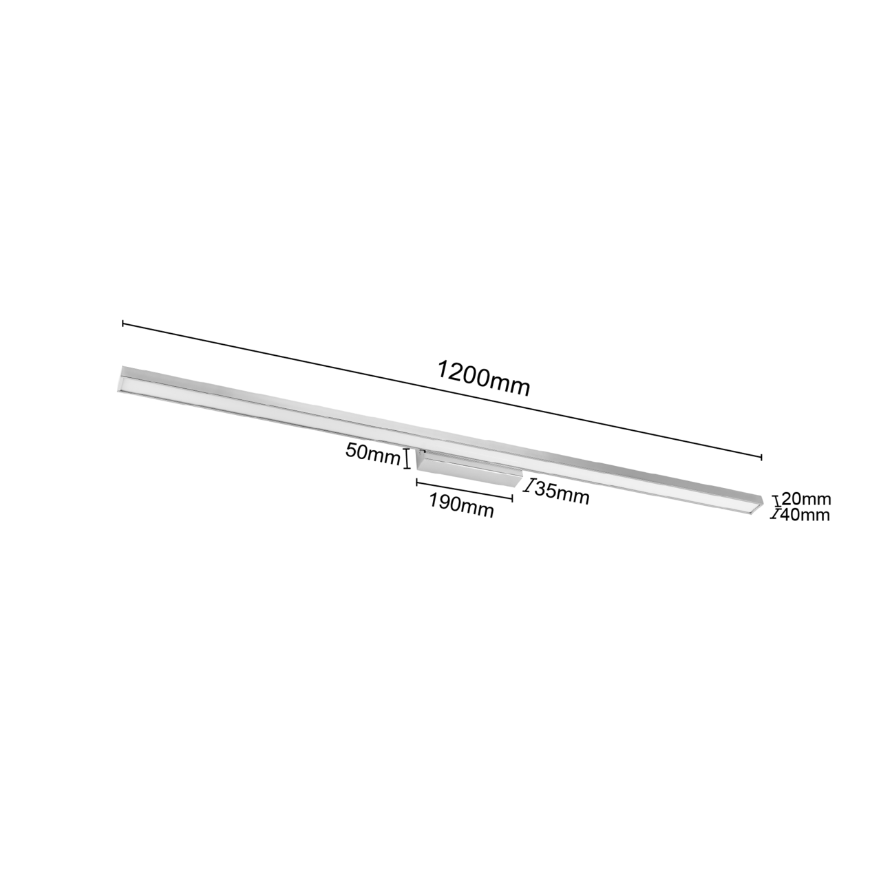 LED-Wandleuchte in seitlicher Perspektive mit den Maßen 1200mm Länge, 50mm Breite und 40mm Höhe.
