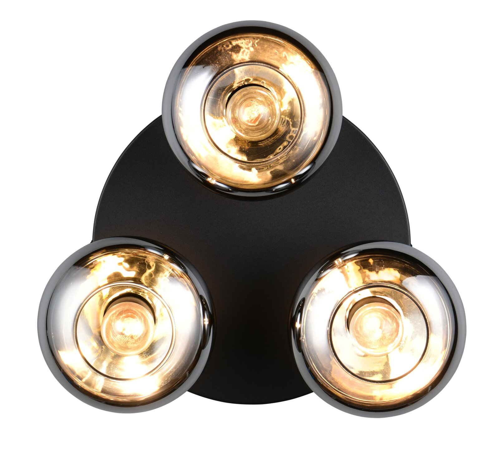 Reality Leuchten Plafondlamp DIVINA Plafondlamp met drie lampen, gezien vanuit vogelperspectief, met glanzende, ronde lampenkappen en warm licht.
