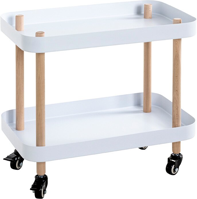 Weißer Servierwagen mit zwei rechteckigen Ablageflächen, Holzpfosten und schwarzen Rollen, schräg von vorn in leichter Seitenansicht fotografiert.
