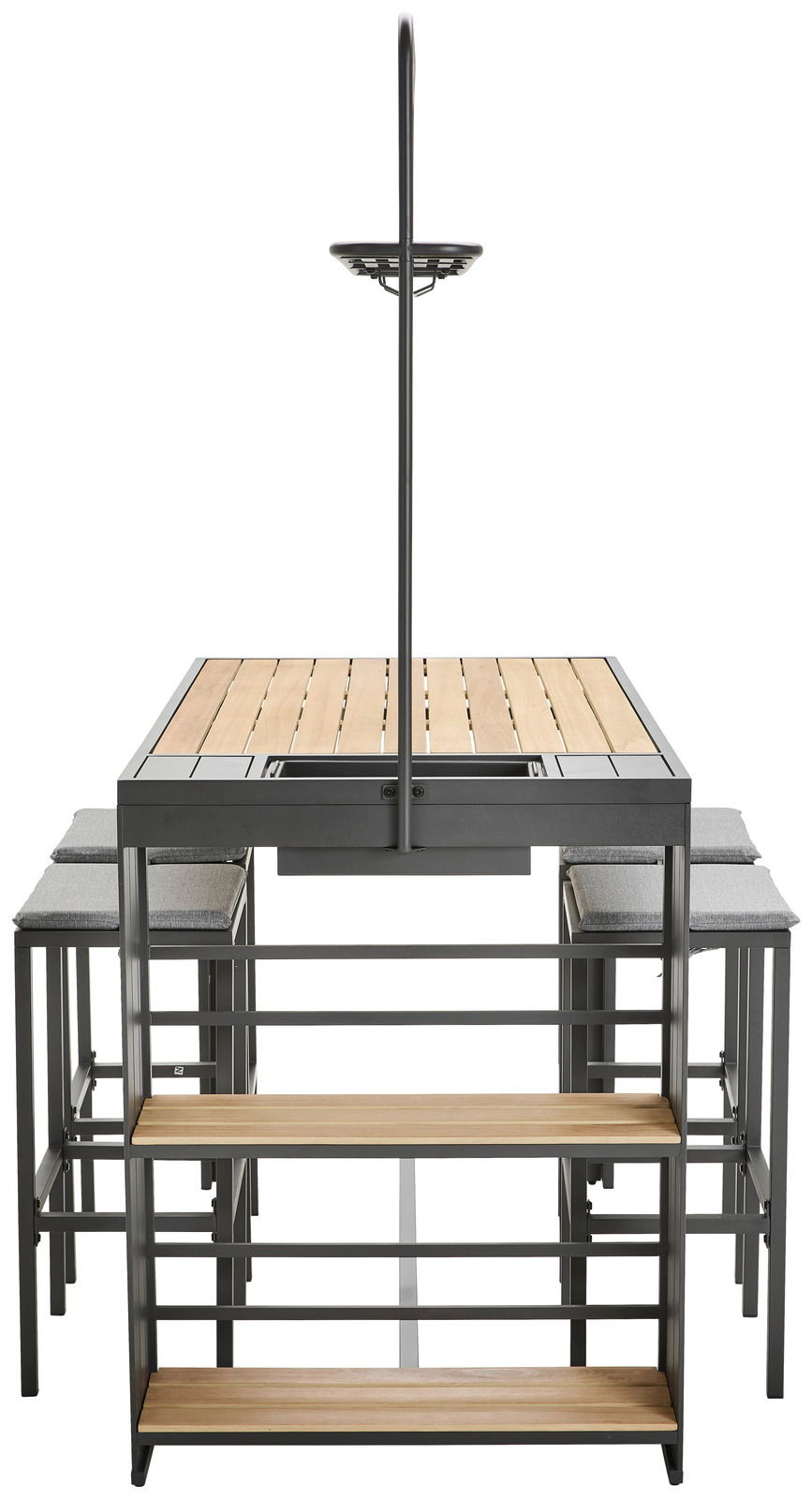 Bar-Set mit Tisch und Hockern aus Holz und Metall, frontal betrachtet
