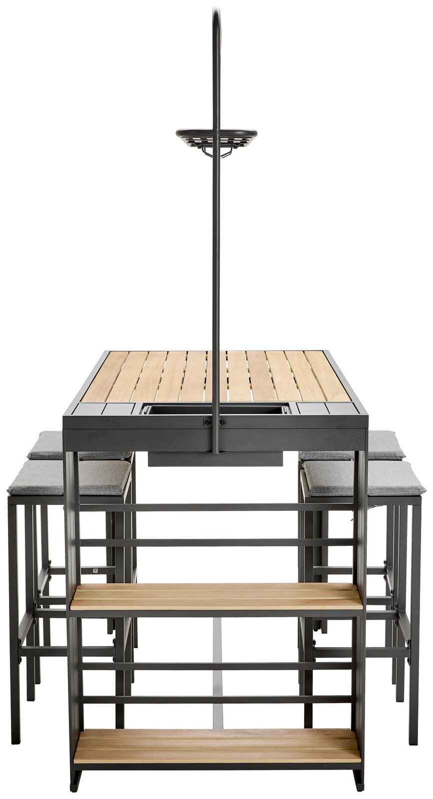Bar-Set mit Tisch und Hockern aus Holz und Metall, frontal betrachtet