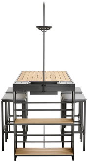 Bar-Set mit Tisch und Hockern aus Holz und Metall, frontal betrachtet