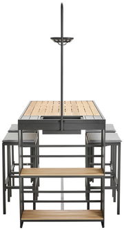 Bar-Set mit Tisch und Hockern aus Holz und Metall, frontal betrachtet