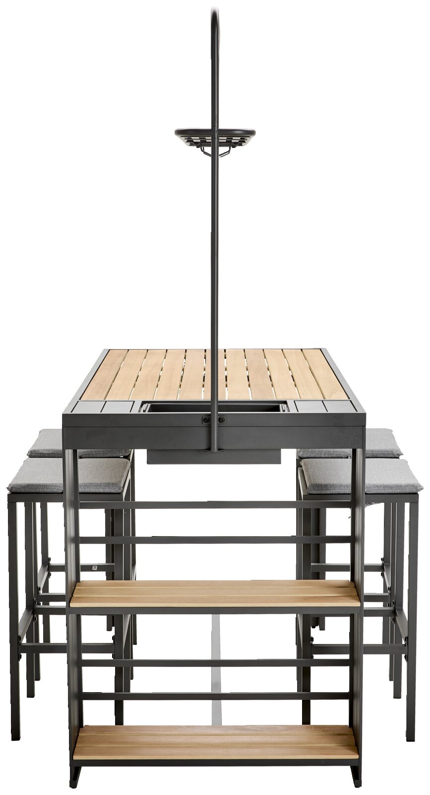 Bar-Set mit Tisch und Hockern aus Holz und Metall, frontal betrachtet