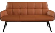 Braune, moderne Bank mit gepolsterter Rückenlehne und schwarzen Beinen, Frontalansicht