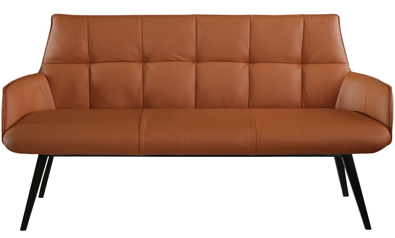 Braune, moderne Bank mit gepolsterter Rückenlehne und schwarzen Beinen, Frontalansicht