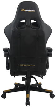 Rückansicht eines schwarzen Gaming-Stuhls mit gelben Akzenten und der Aufschrift 'BX Gaming - Designed for Players'.