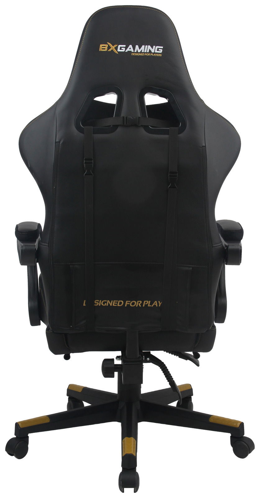 Rückansicht eines schwarzen Gaming-Stuhls mit gelben Akzenten und der Aufschrift 'BX Gaming - Designed for Players'.