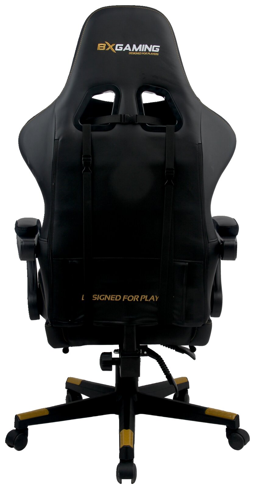 Achterkant van een zwarte gamingstoel met gele accenten en het opschrift 'BX Gaming - Designed for Players'.